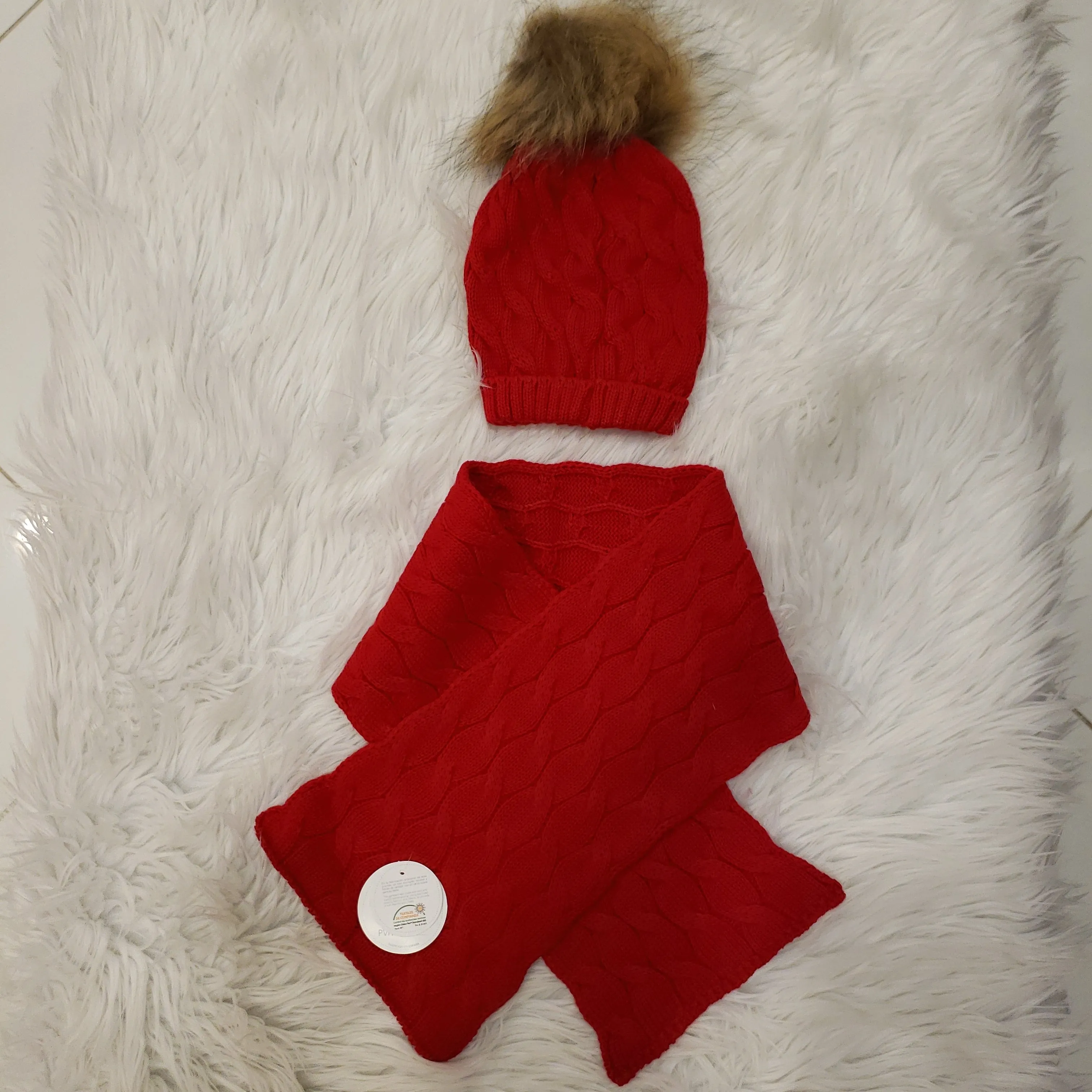 Fur Pom Pom Hat and Scarf Set