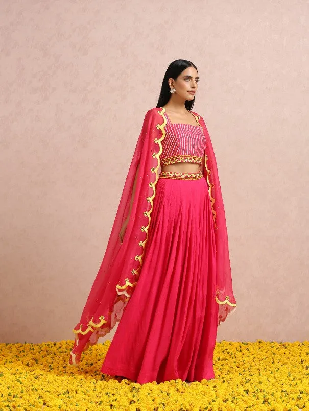 `Fuschia Pink Lightweight Silk Pleated Lehenga Set (Set of 3)