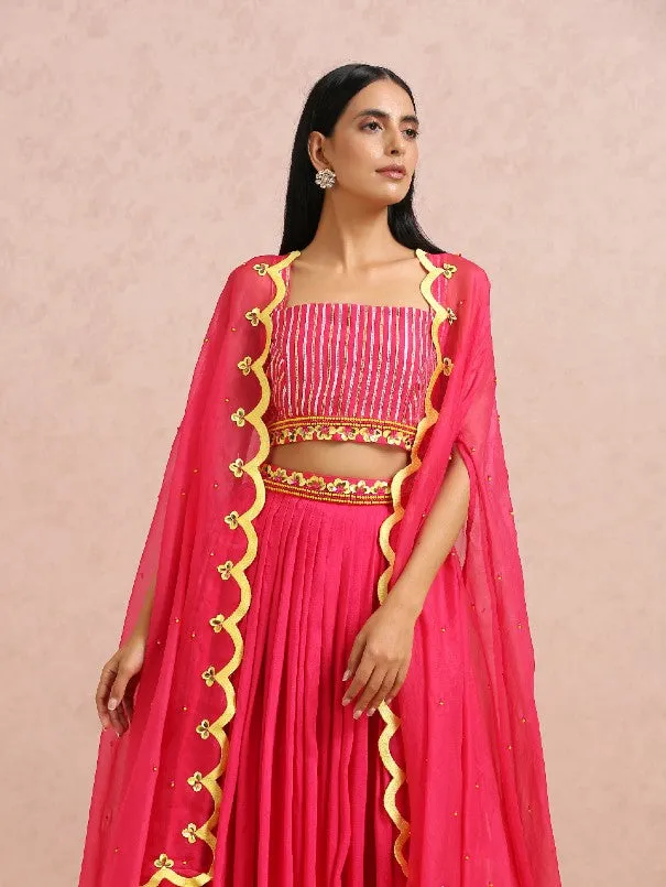 `Fuschia Pink Lightweight Silk Pleated Lehenga Set (Set of 3)