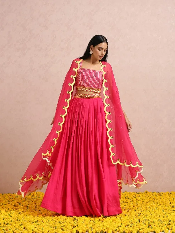 `Fuschia Pink Lightweight Silk Pleated Lehenga Set (Set of 3)