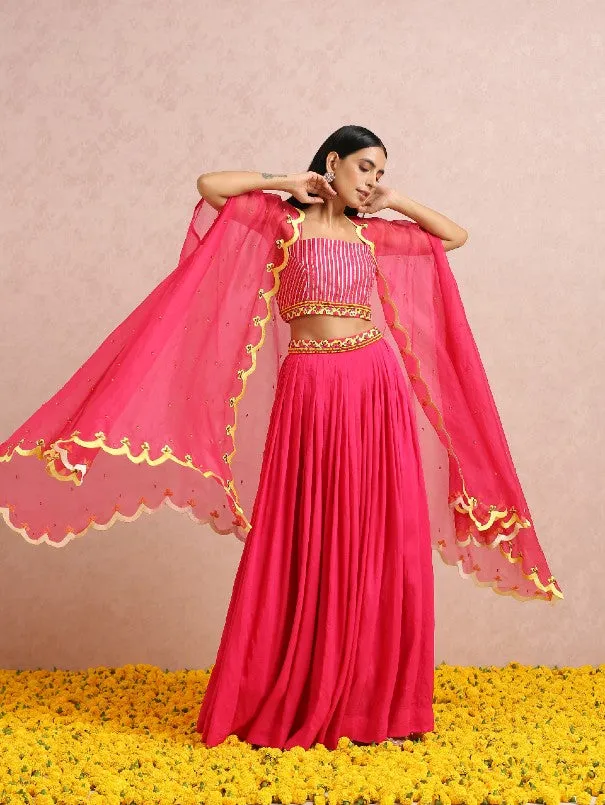 `Fuschia Pink Lightweight Silk Pleated Lehenga Set (Set of 3)