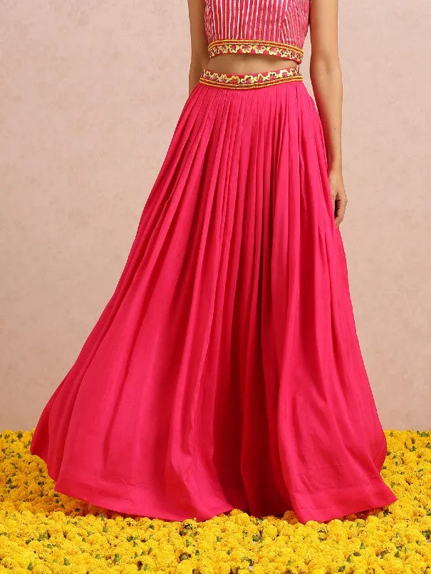 `Fuschia Pink Lightweight Silk Pleated Lehenga Set (Set of 3)