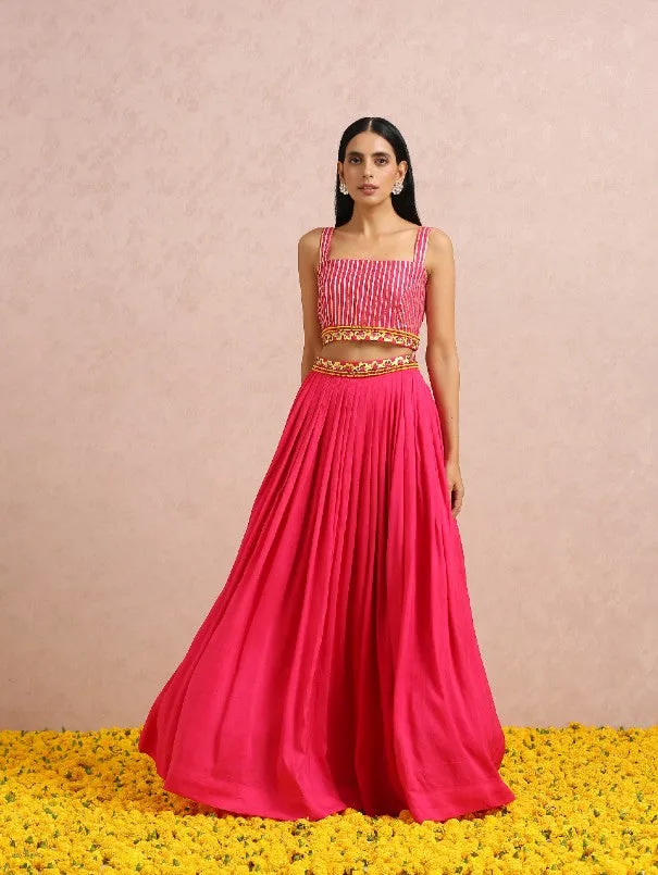 `Fuschia Pink Lightweight Silk Pleated Lehenga Set (Set of 3)