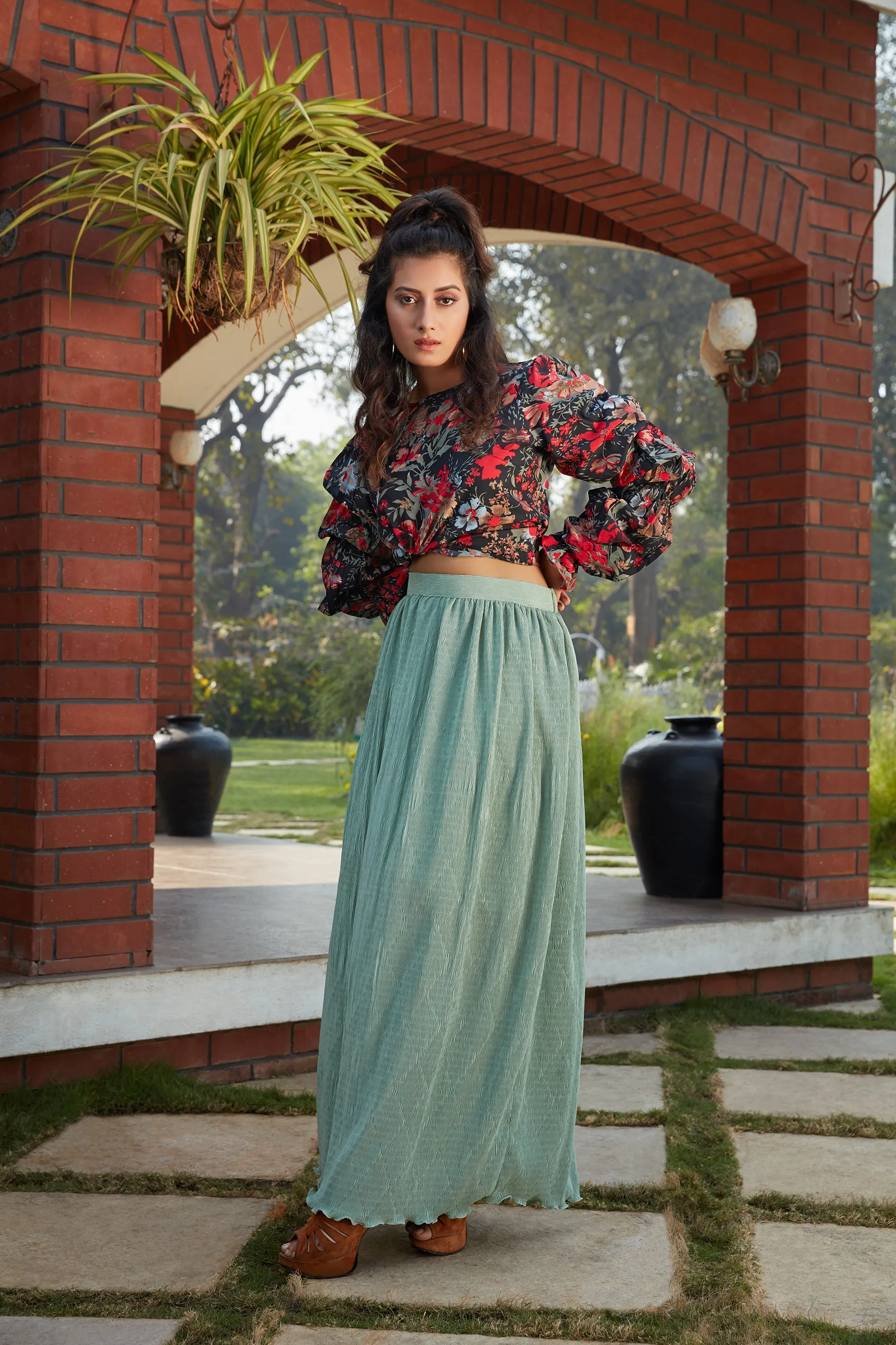 Green Printed Imported Indo Western Ready To Wear Skirt With Crop Top