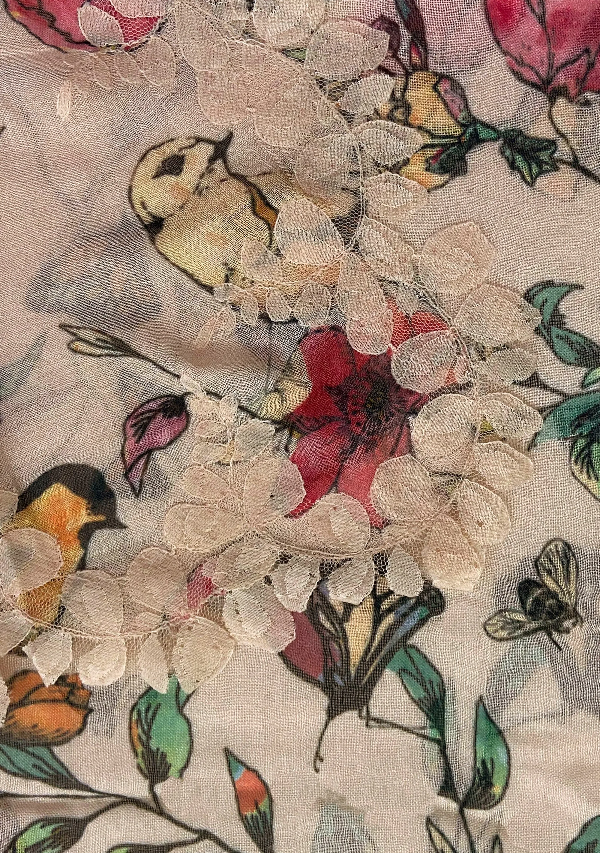 Heyday Floral Print Modal and Silk Scarf with a Scalloped Beige Lace Border