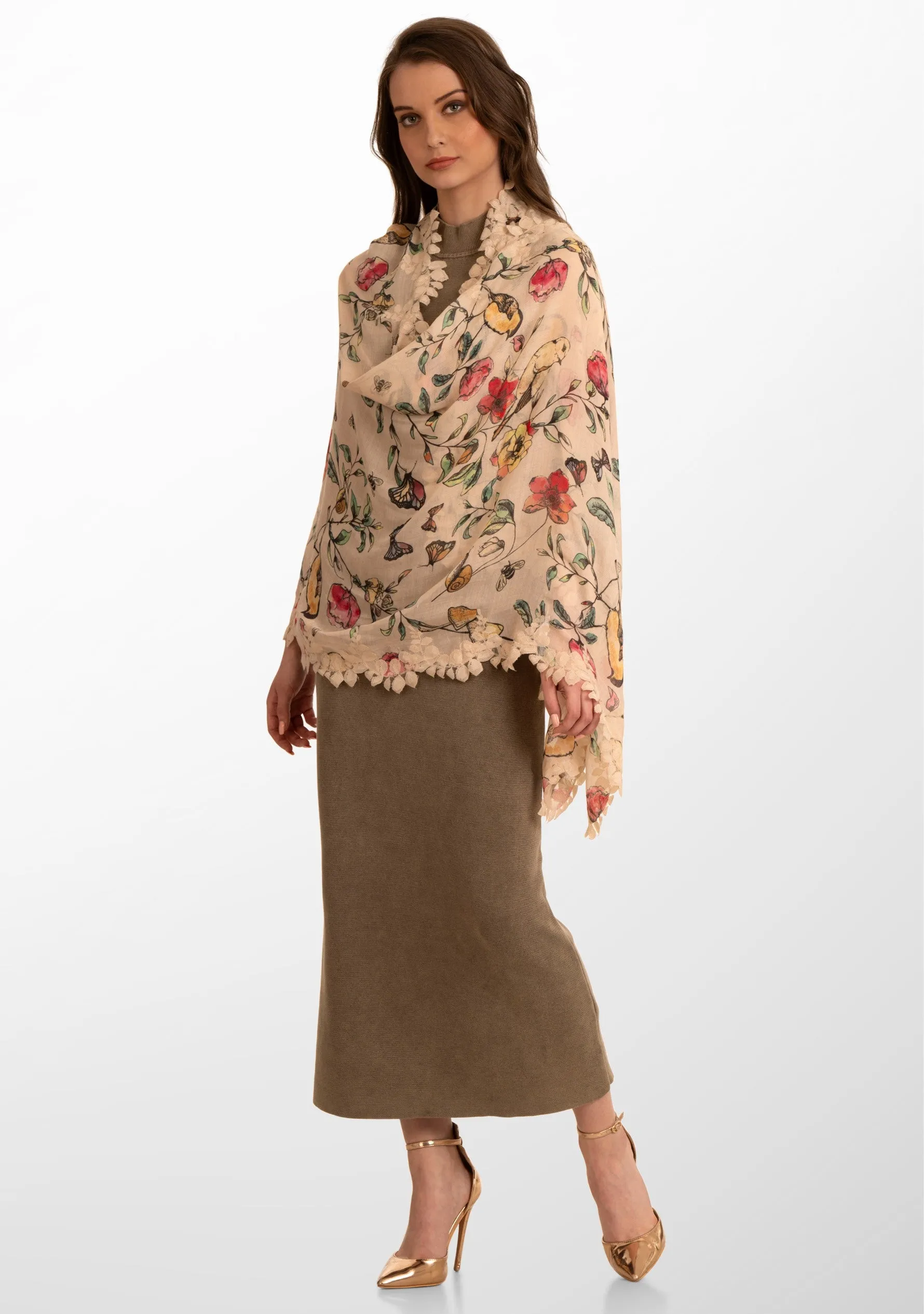 Heyday Floral Print Modal and Silk Scarf with a Scalloped Beige Lace Border