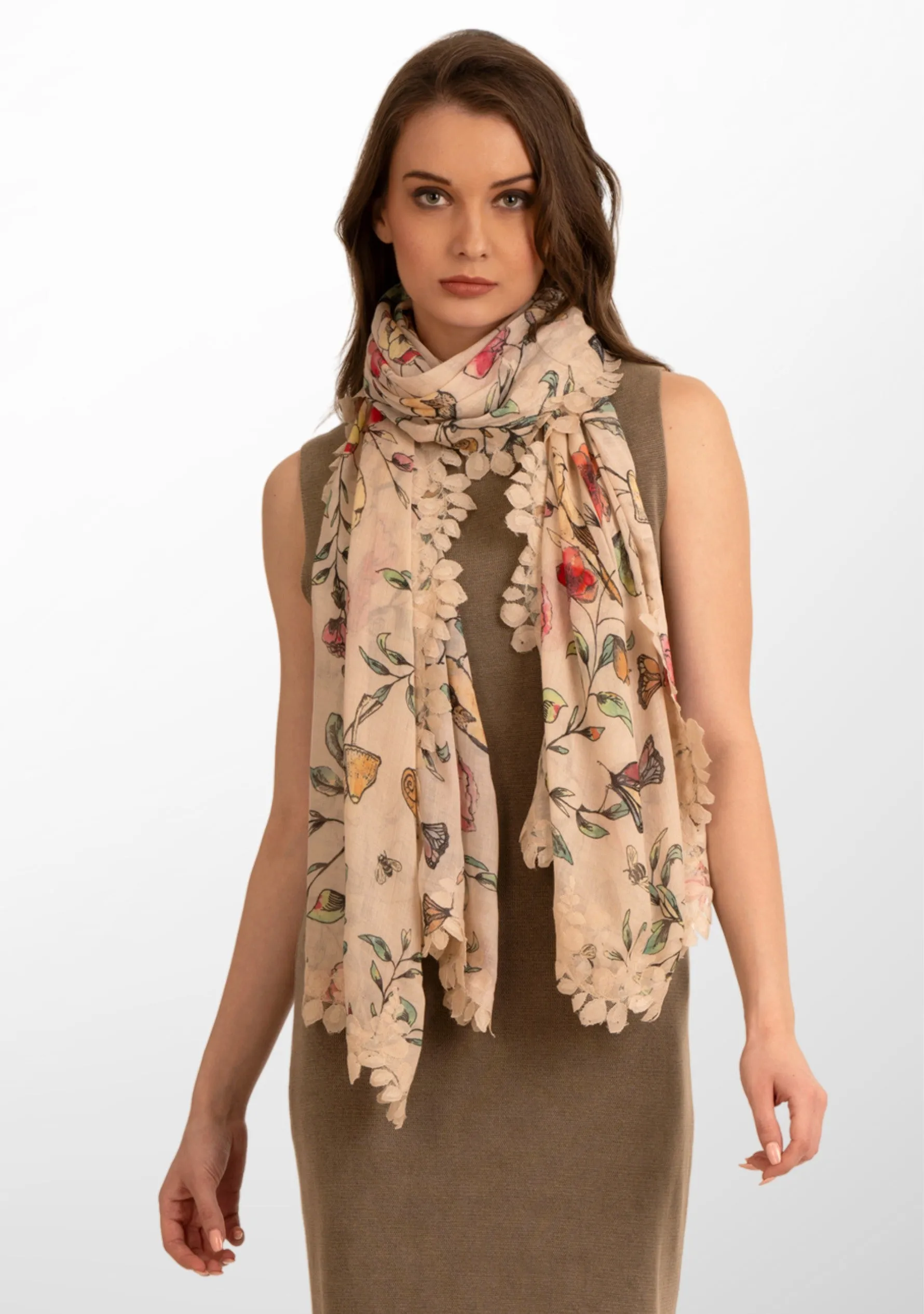 Heyday Floral Print Modal and Silk Scarf with a Scalloped Beige Lace Border