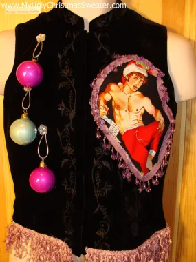 Hottie Guy Tacky Ugly Christmas Vest Dangling Fringe & 3D Ornaments (b10)