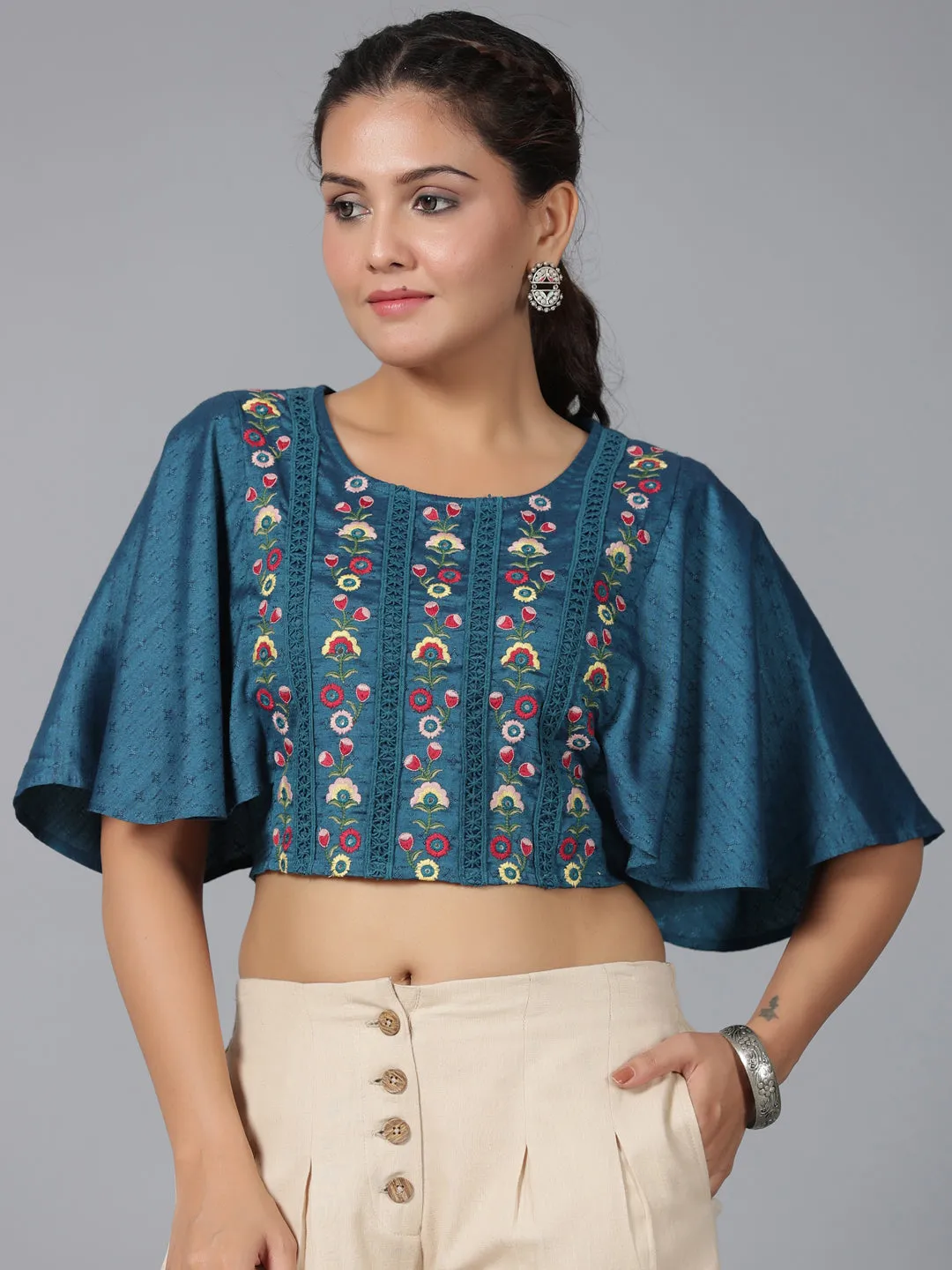 Jashvi Women Blue Rayon Embroidered Co-ord  Set