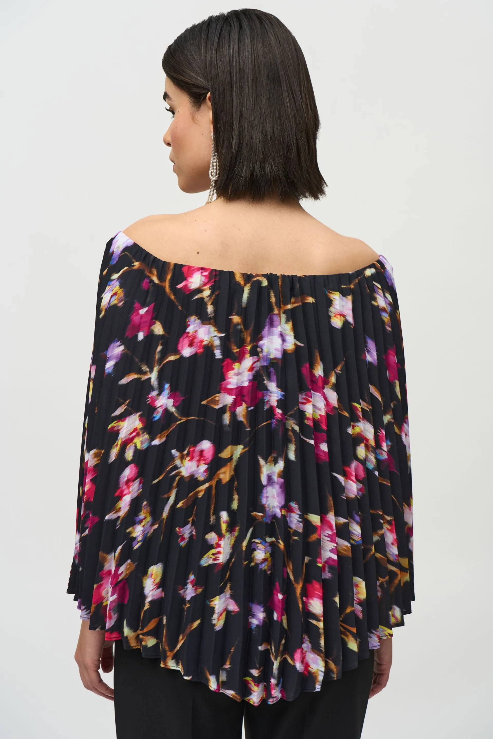 Joseph Ribkoff Black/Multi Off-Shoulder Floral Pleated Cape Top 244246