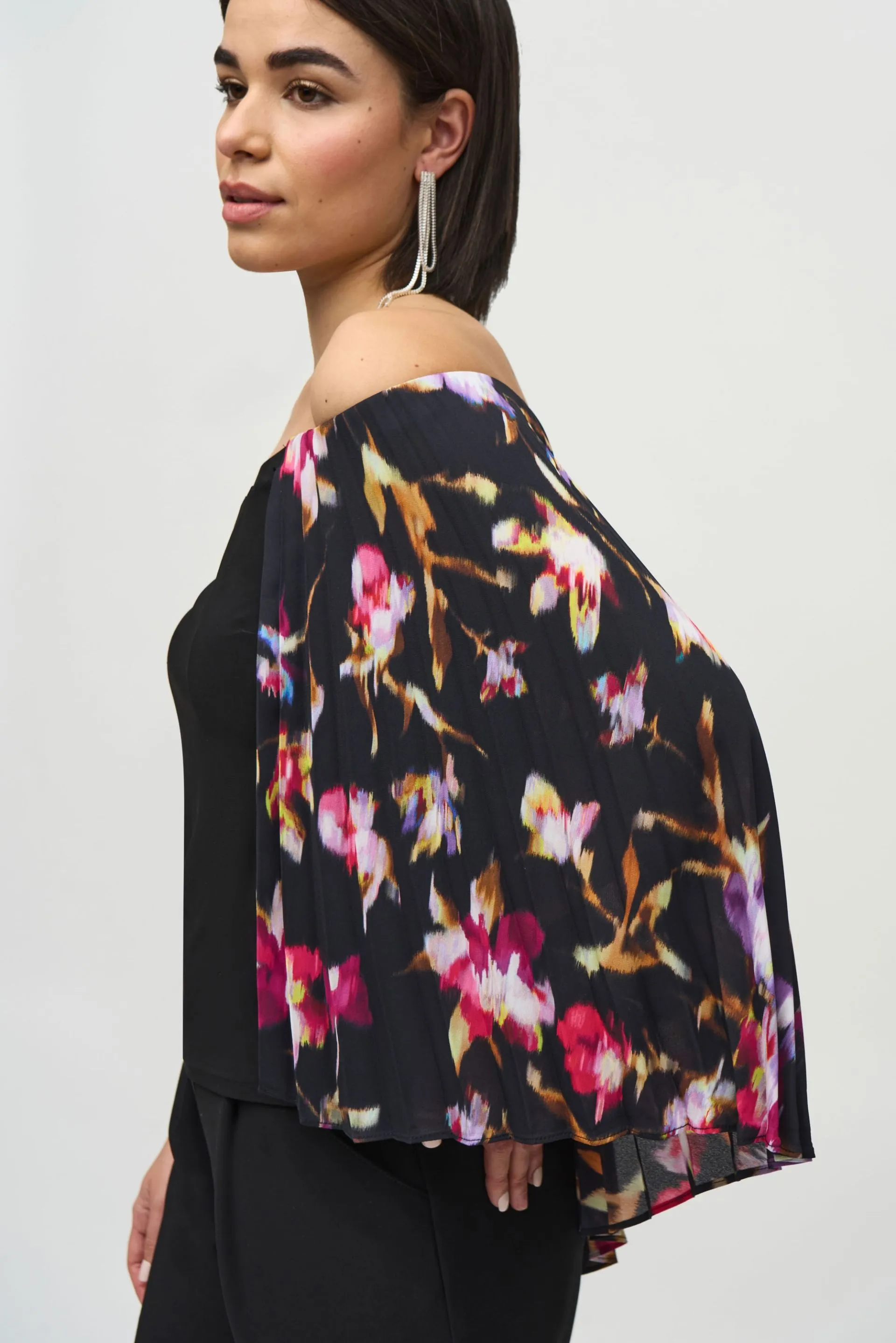 Joseph Ribkoff Black/Multi Off-Shoulder Floral Pleated Cape Top 244246