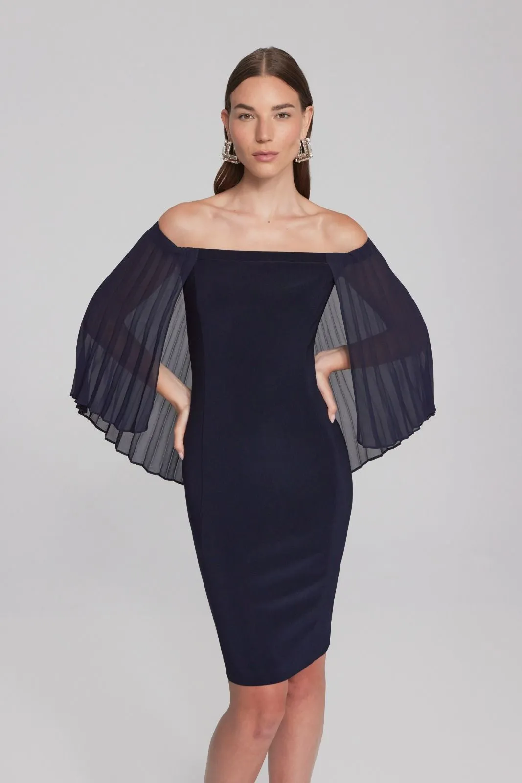 Joseph Ribkoff Midnight Blue Off-Shoulder Pleated Cape Sleeve Sheath Dress 241781