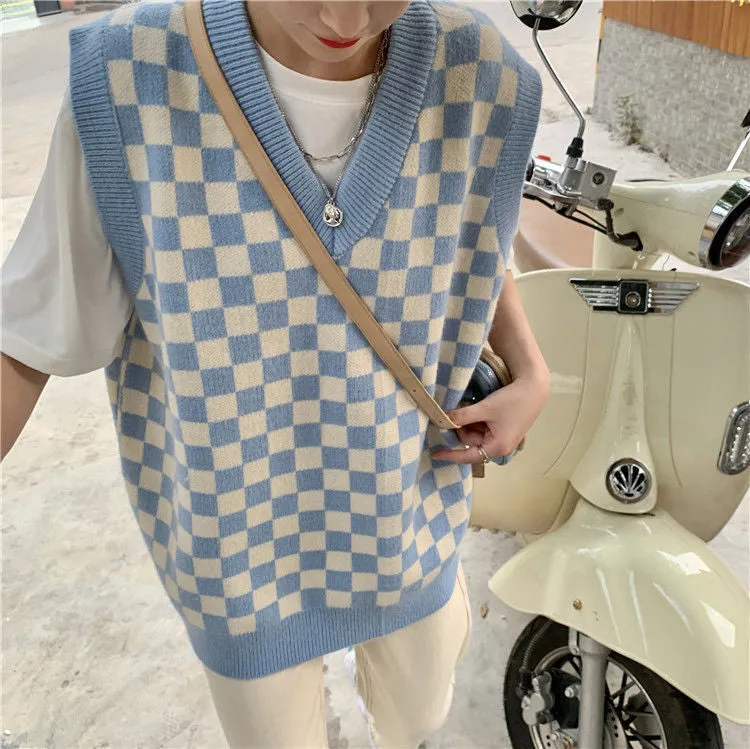 KittenAlarm - V-Neck Plaid Checkered Knitted Vest Sweater