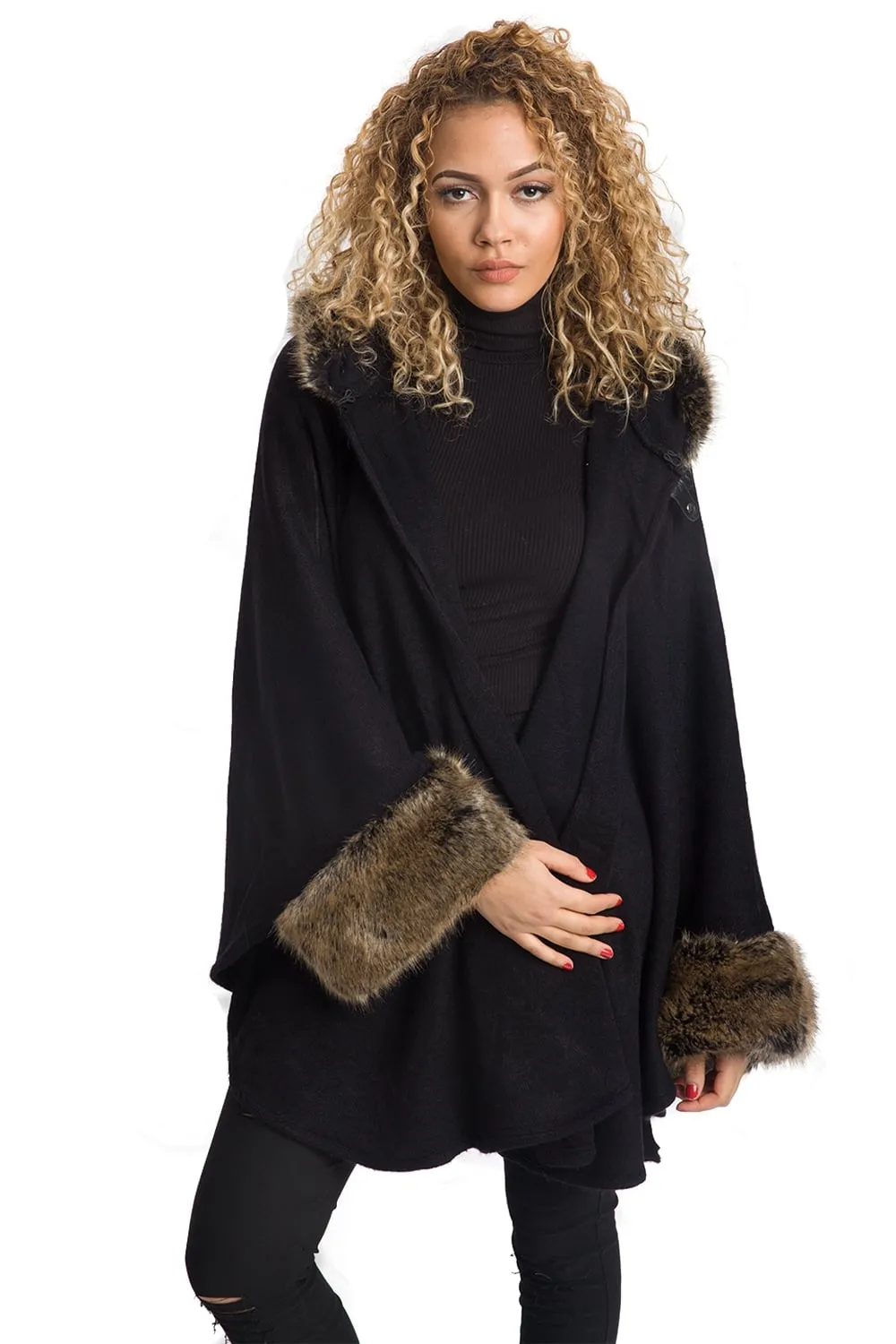 Knitted Faux Fur Trim Hooded Swing Poncho Cape