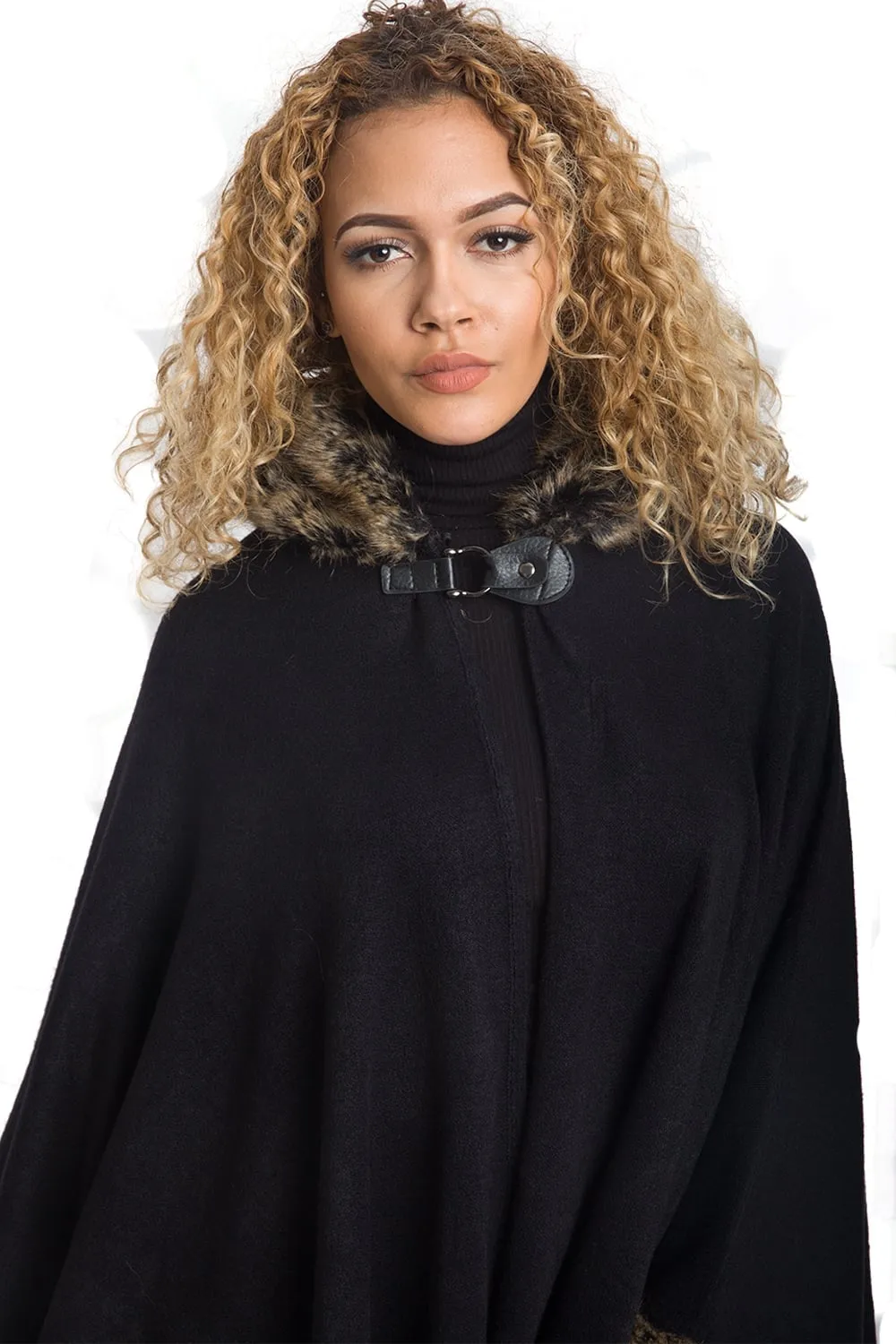 Knitted Faux Fur Trim Hooded Swing Poncho Cape