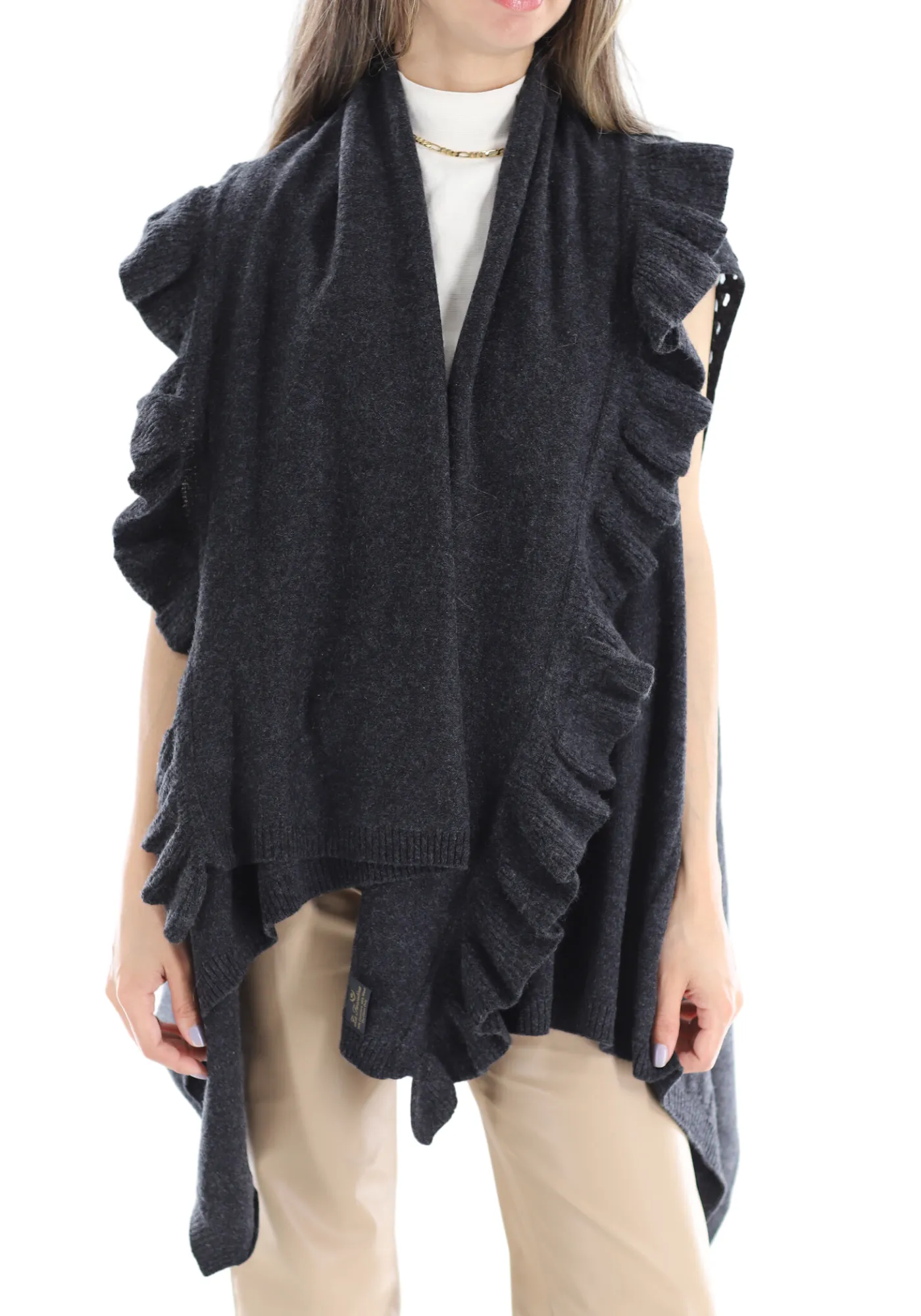 La Fiorentina Knitted Charcoal Grey Vest with Ruffles - Wool/Cashmere Blend - One Size (90 x 146 cm)