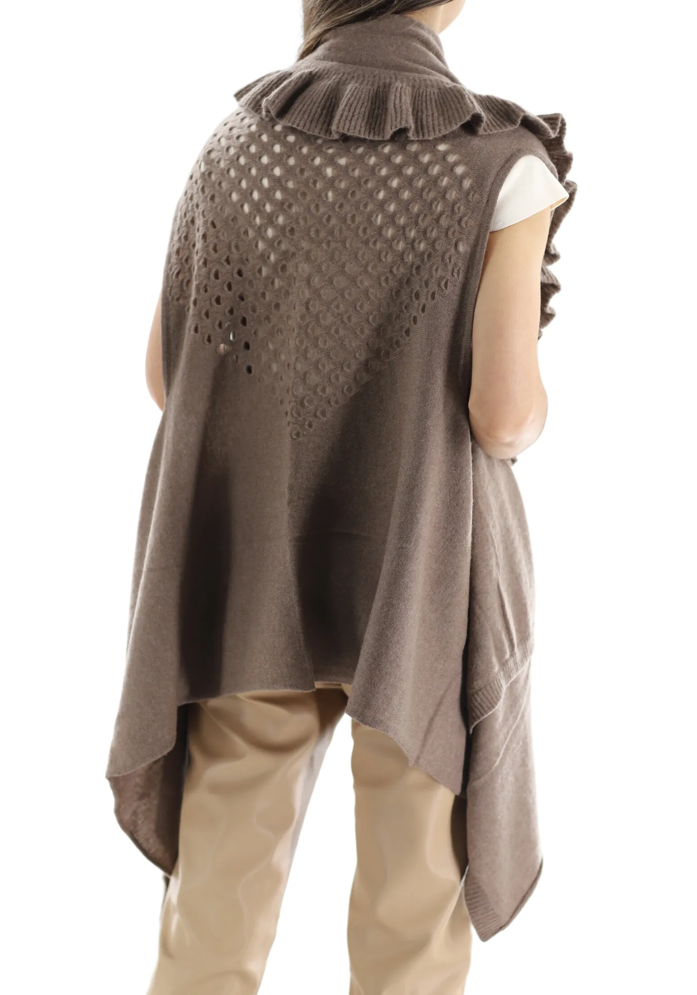 La Fiorentina Knitted Taupe Vest with Ruffles - Wool/Cashmere Blend - One Size (90 x 146 cm)