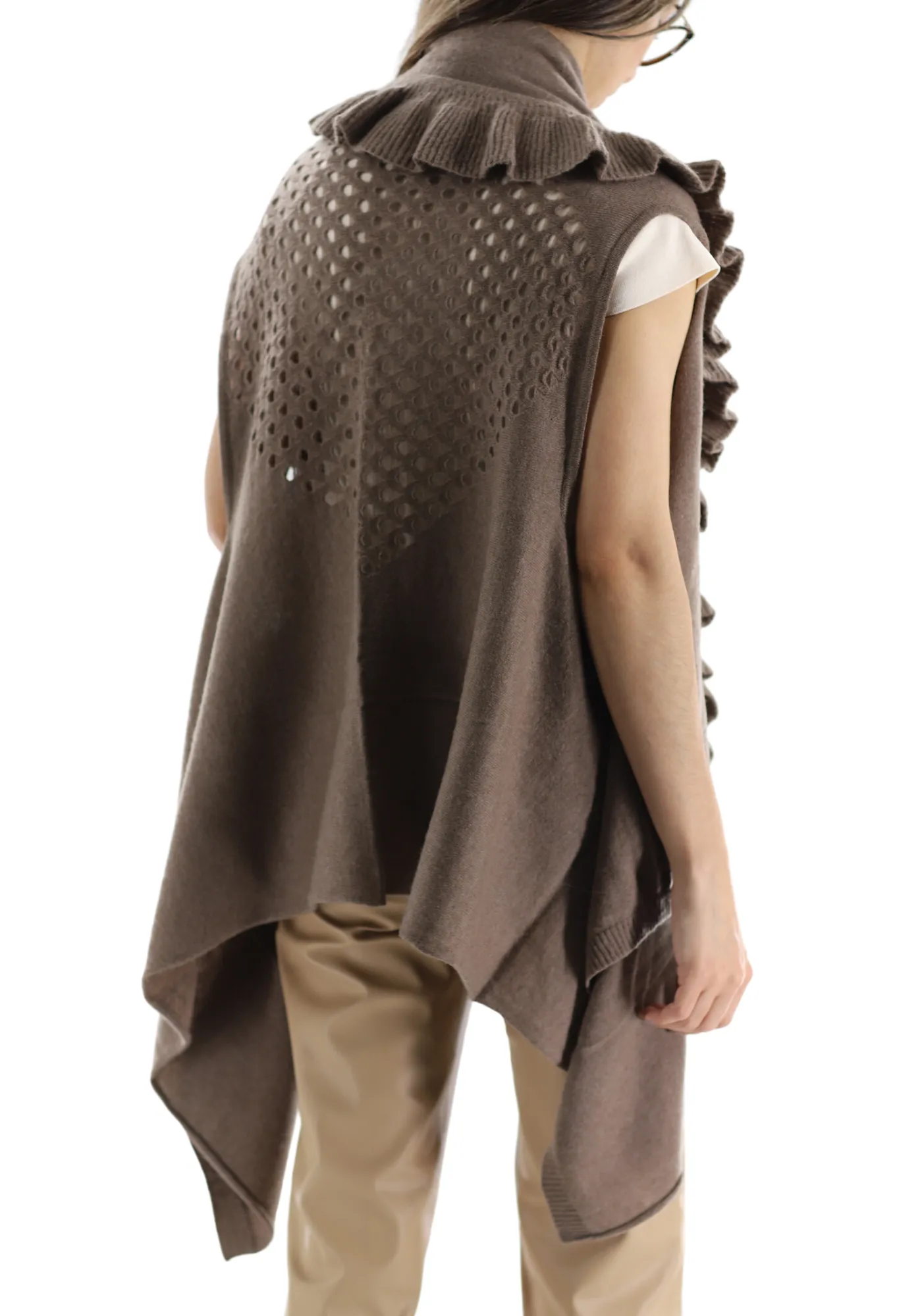 La Fiorentina Knitted Taupe Vest with Ruffles - Wool/Cashmere Blend - One Size (90 x 146 cm)