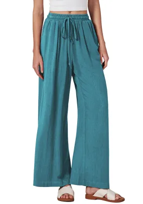 Lake Green Relaxed Fit High Waisted Elastic Waist Wide Leg Drawstring Pocket Pant