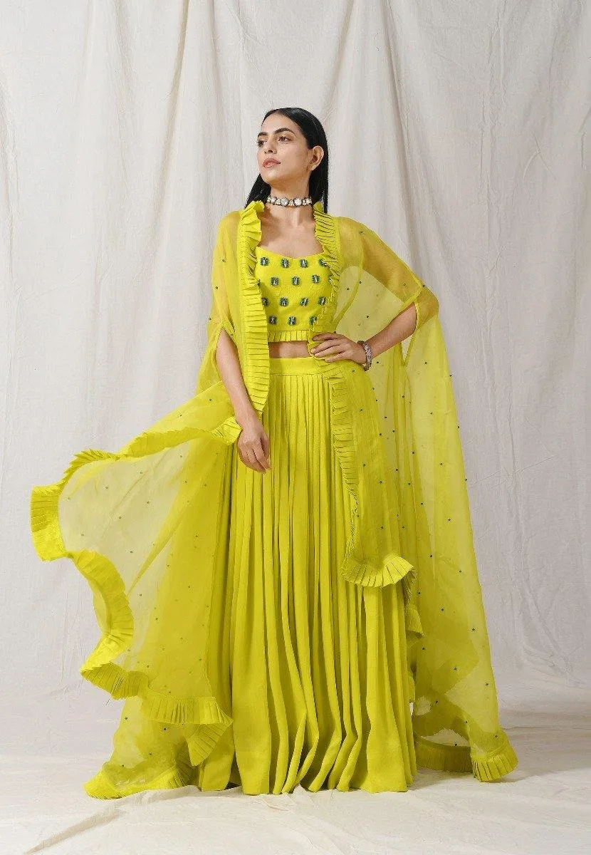 Lime Pleated Skirt with Cape Set of 3