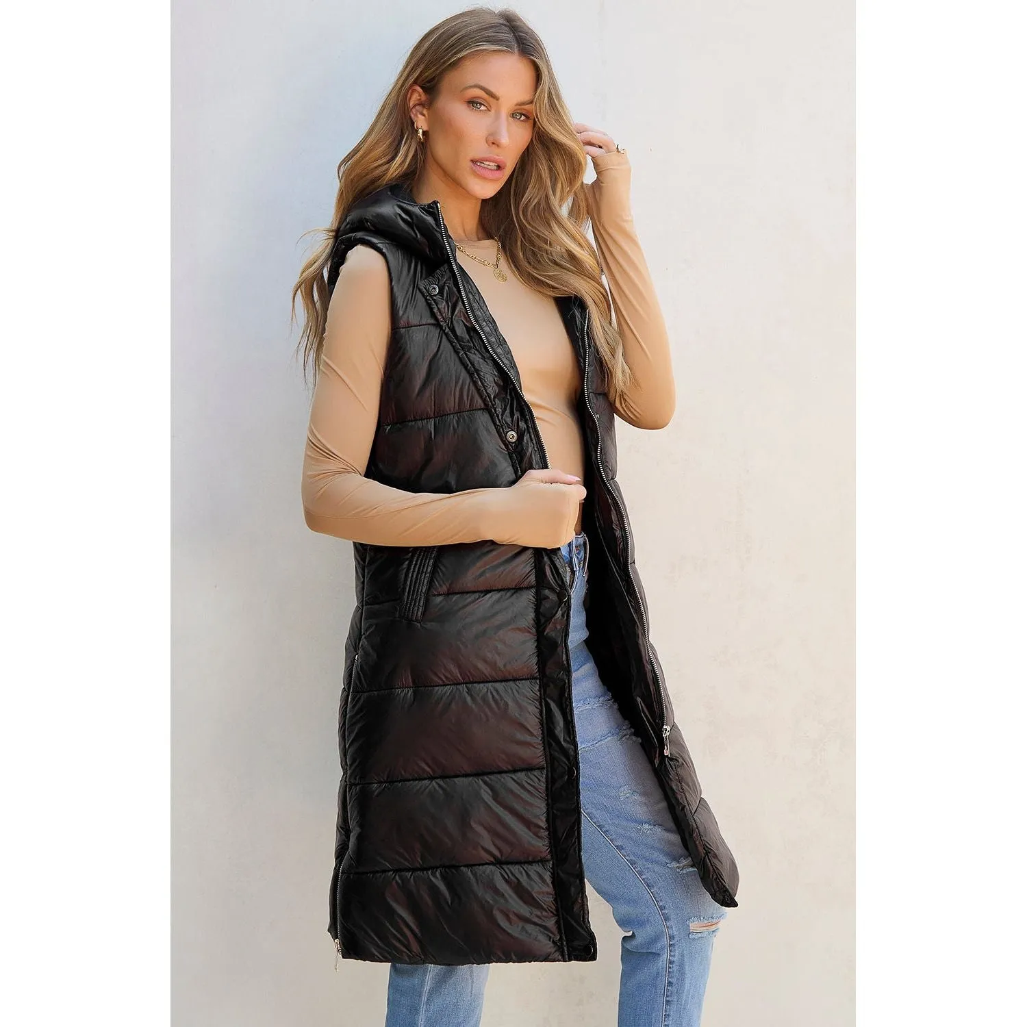 Love At Last Hooded Long Quilted Vest Coat