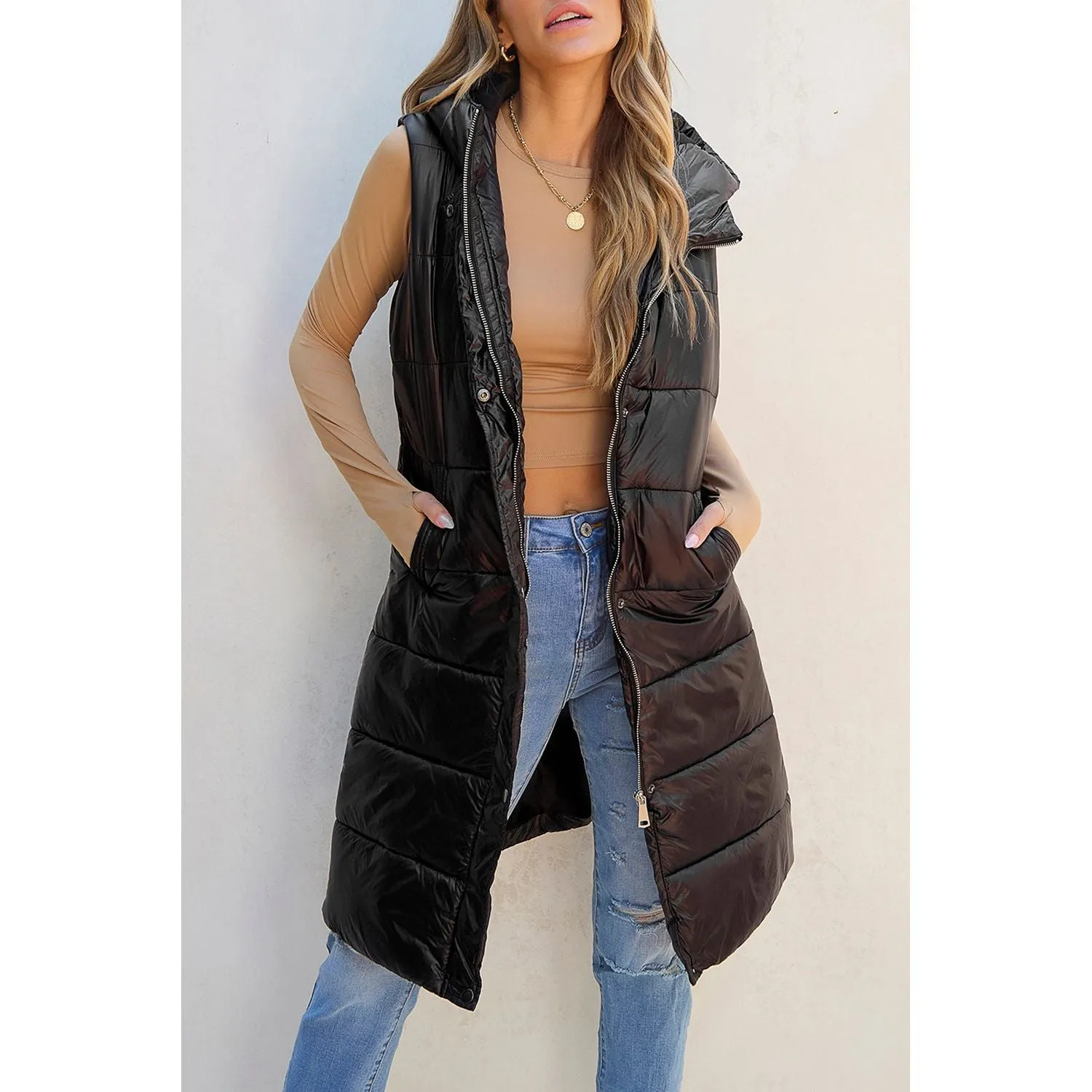 Love At Last Hooded Long Quilted Vest Coat