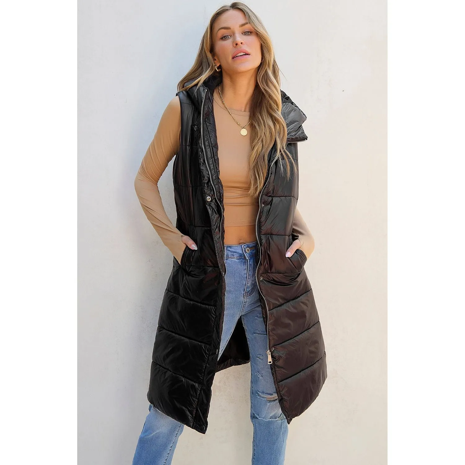 Love At Last Hooded Long Quilted Vest Coat