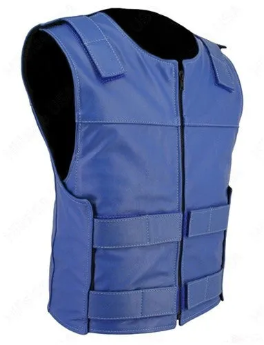 Made in USA Leather Bullet Proof Style Zippered Motorcycle Vest Blue