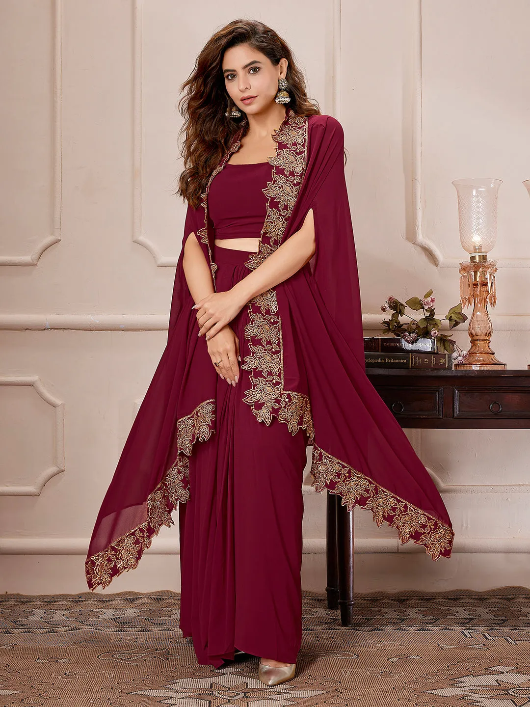 Maroon Georgette Zari Embroidered Crop Top With Skirt & Cape Set