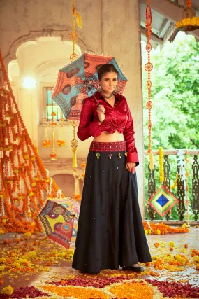 Maroon With Black Color Navratri Special Ready To Wear Crop top Lehenga