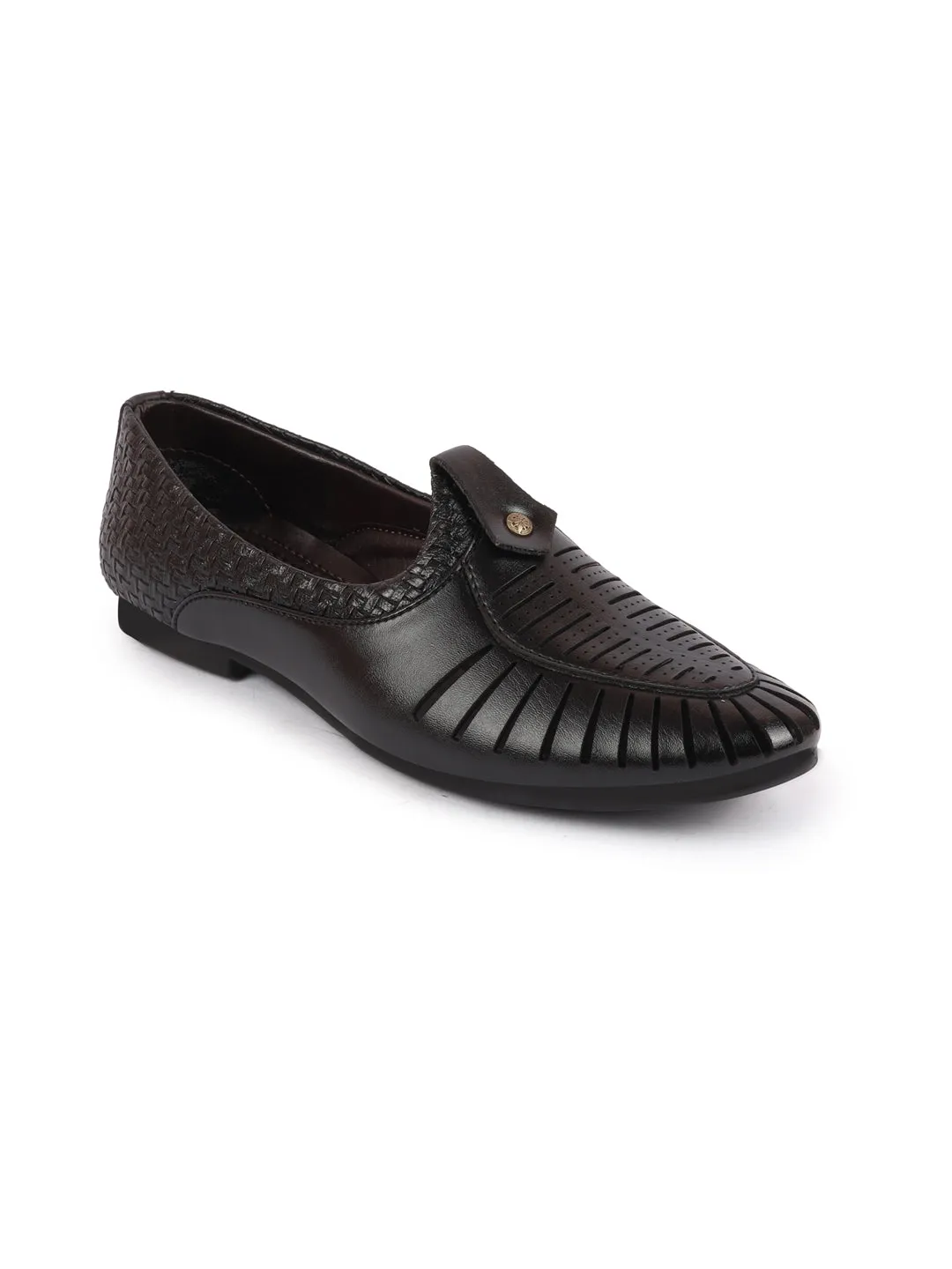 Men Black Laser Cut Knitted Design Ethnic Wedding Slip On Juttis and Mojaris