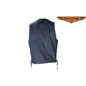 Mens Plain Dark Blue Denim Vest with Side Laces