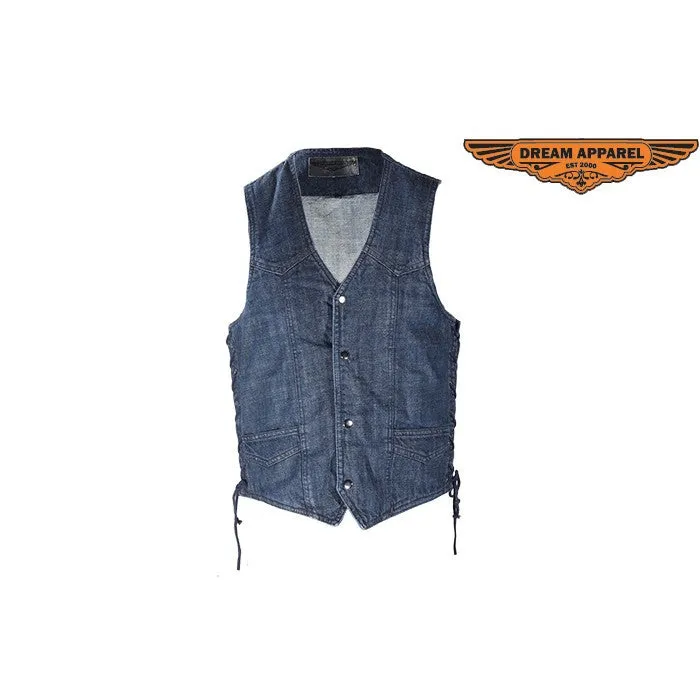 Mens Plain Dark Blue Denim Vest with Side Laces