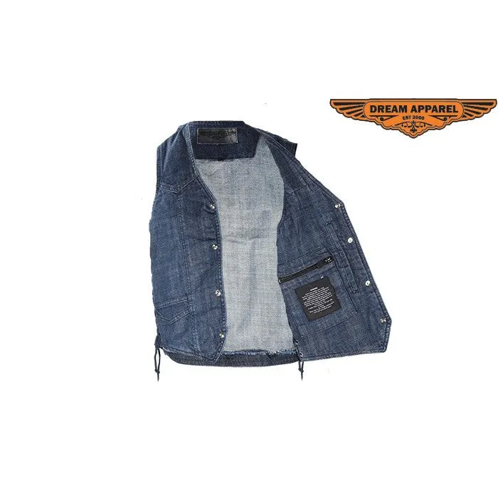 Mens Plain Dark Blue Denim Vest with Side Laces