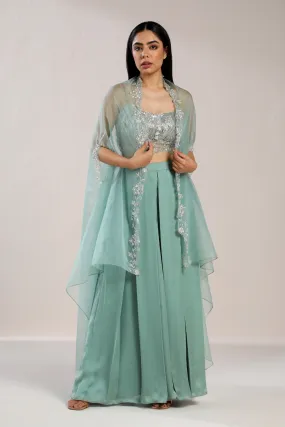 Mint Green Pleated Plazzo With Applique Work Blouse Cape Set