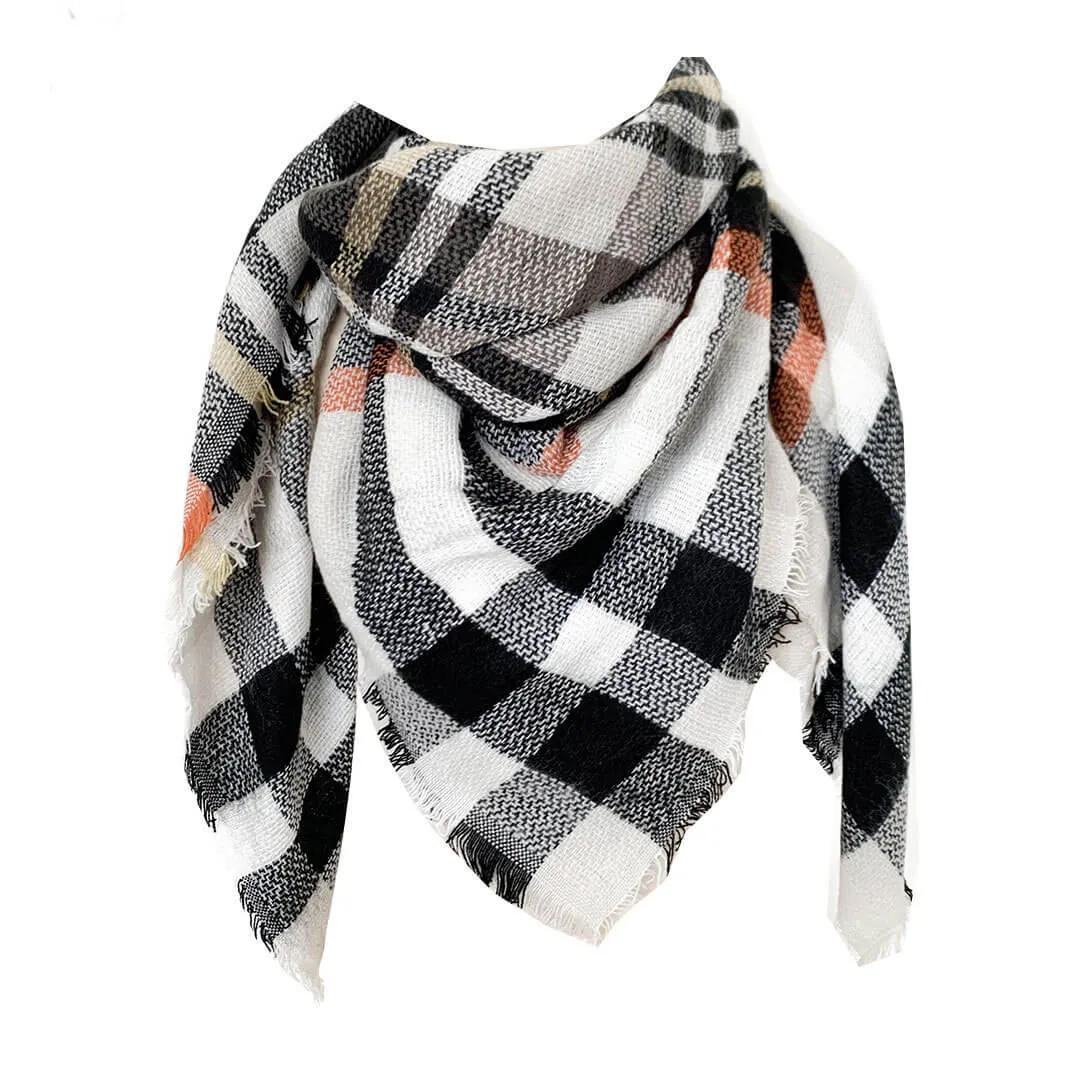 Multicolor Contrast Plaid Pattern Frayed Hem Knit Triangle Scarf