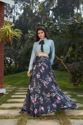 Navy Blue Floral Crepe Indo Western Ready To Wear Skirt With Crop Top