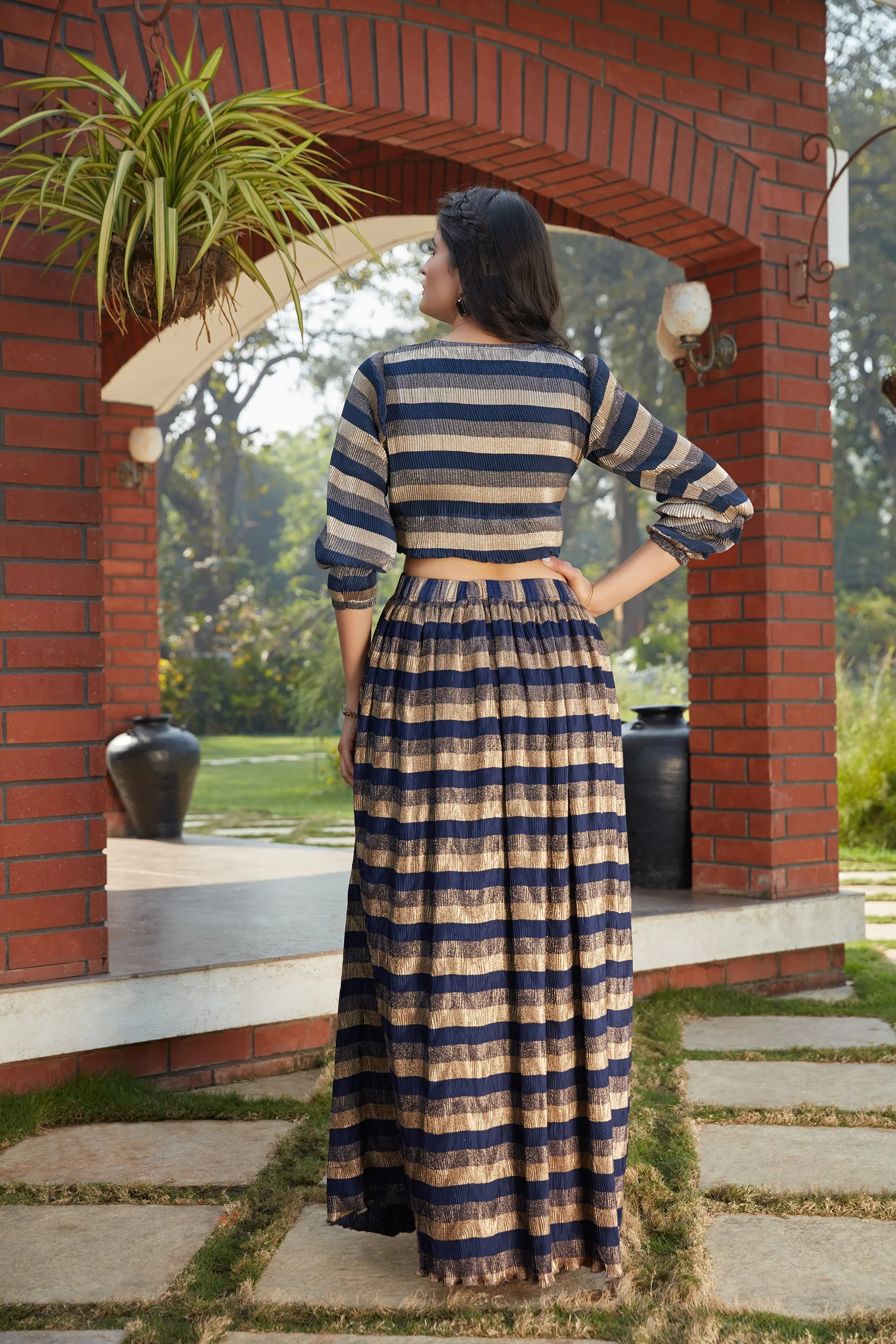 Navy Blue Imported Indo Western Ready To Wear Skirt With Crop Top