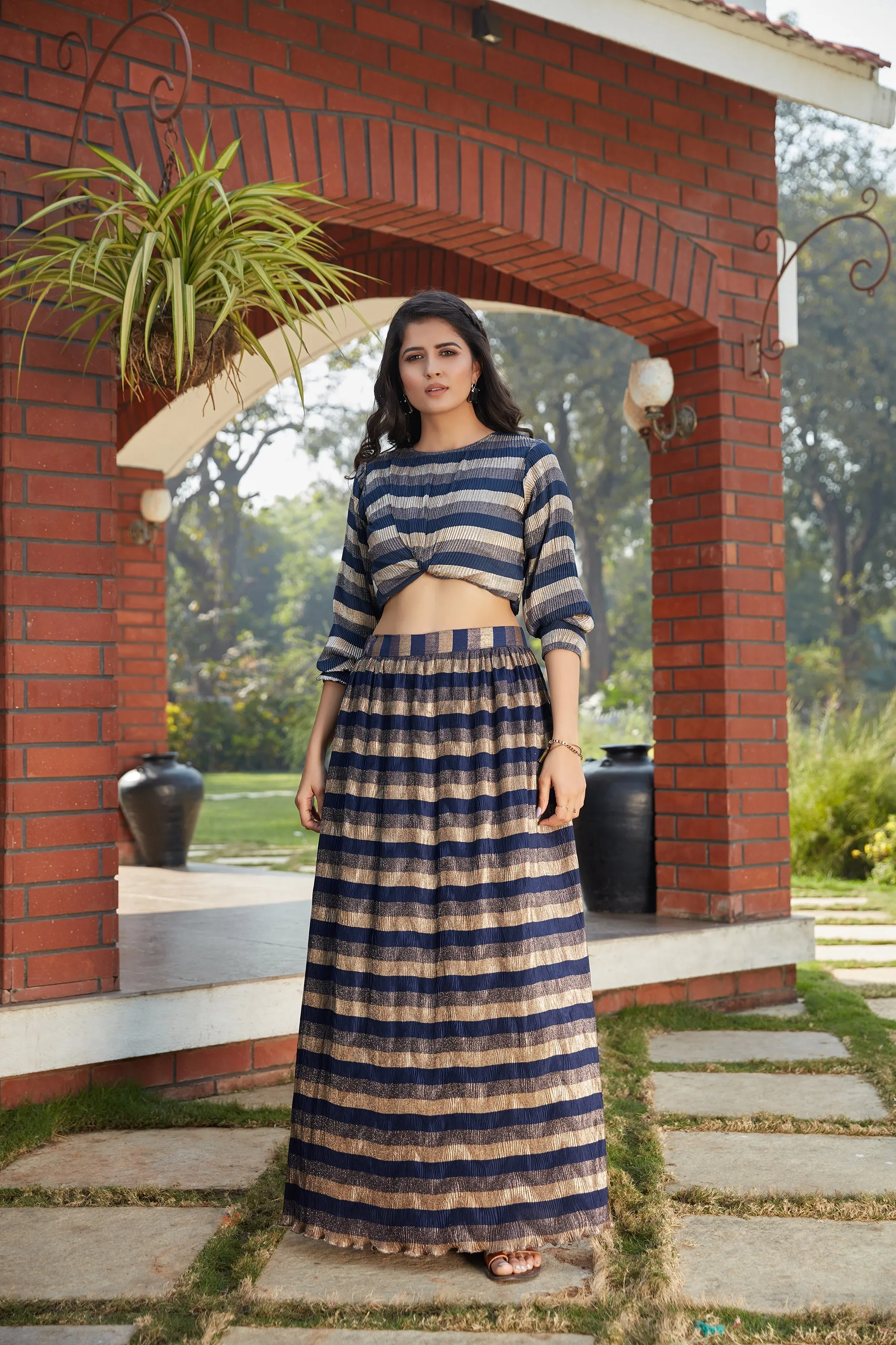 Navy Blue Imported Indo Western Ready To Wear Skirt With Crop Top