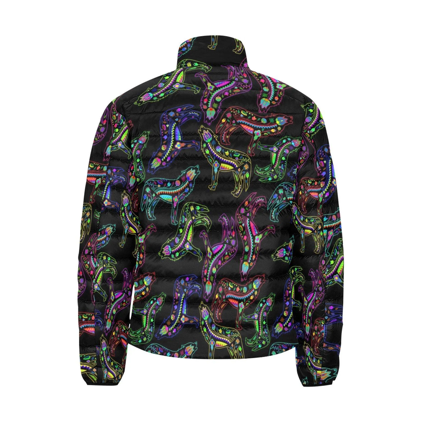 Neon Floral Wolves Men's Stand Collar Padded Jacket