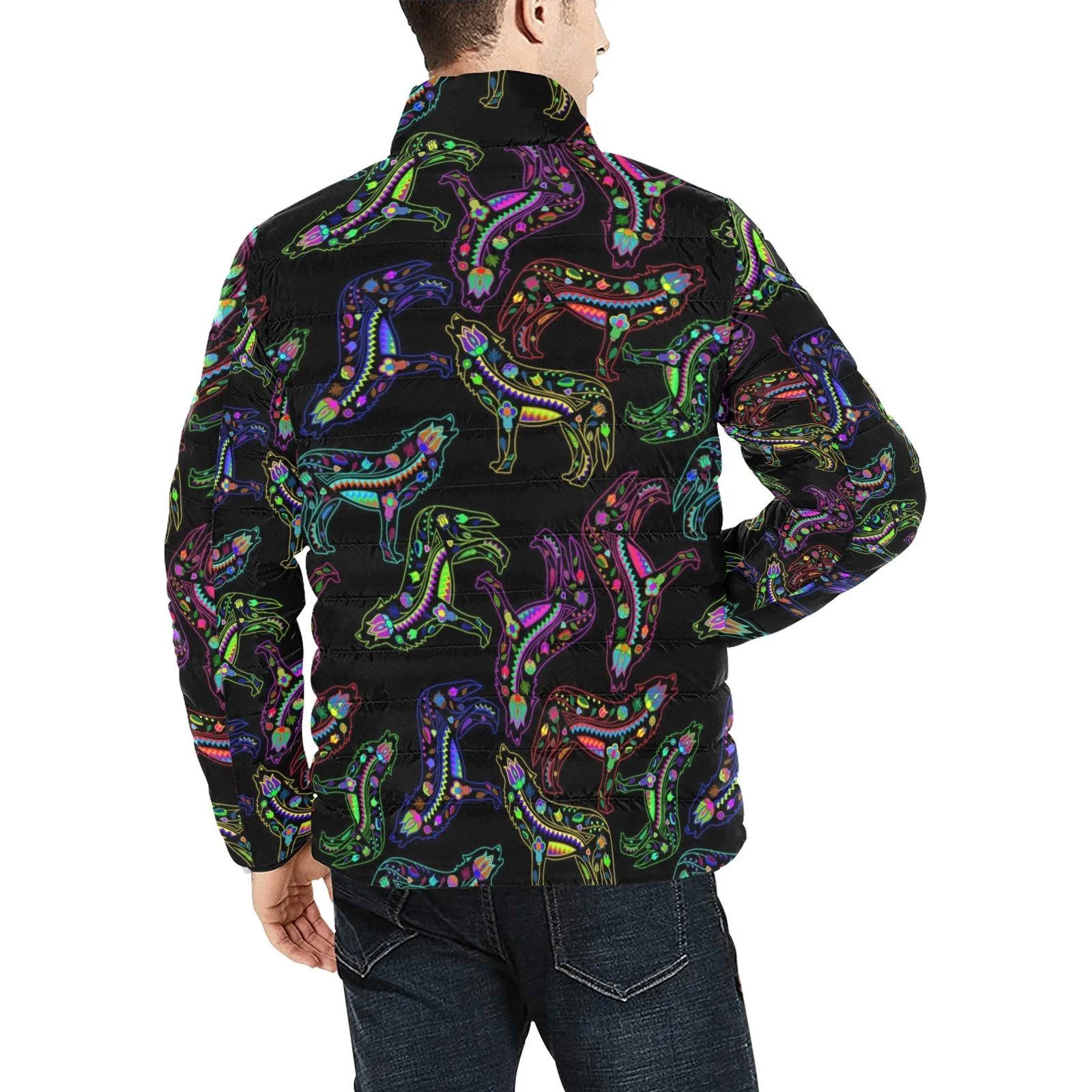 Neon Floral Wolves Men's Stand Collar Padded Jacket