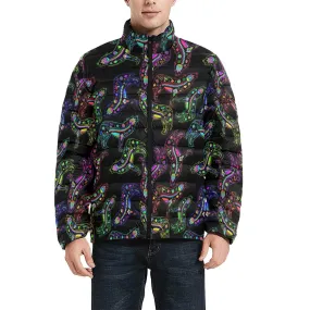 Neon Floral Wolves Men's Stand Collar Padded Jacket