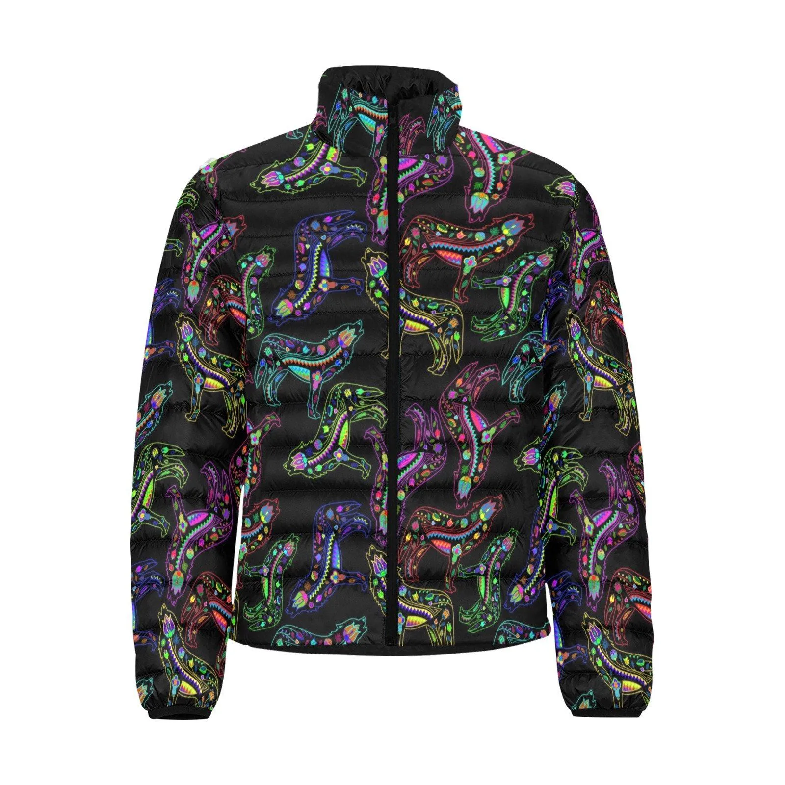 Neon Floral Wolves Men's Stand Collar Padded Jacket