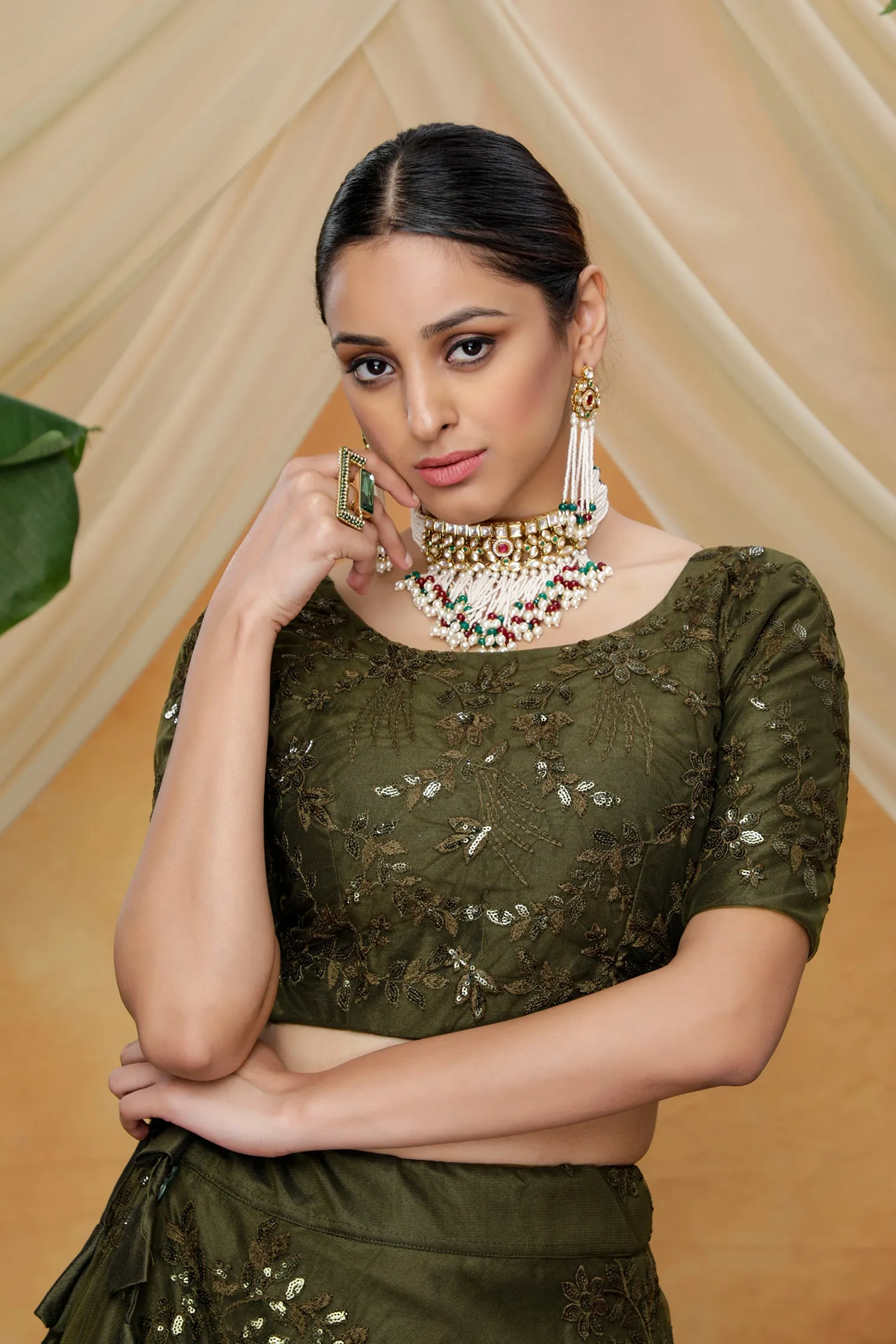 Olive Green Thread With Sequence Embroidered Net Semi-Stitched Lehenga