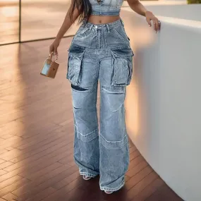 Patchwork High Waist Straight Leg Jeans