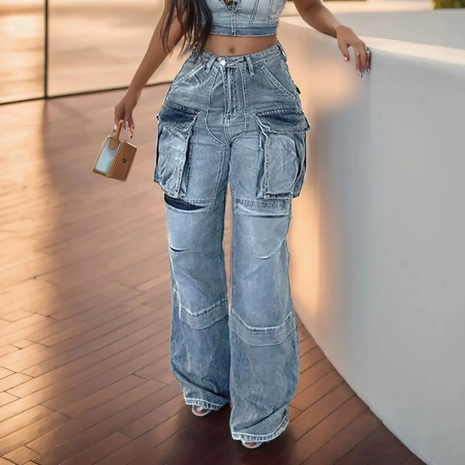 Patchwork High Waist Straight Leg Jeans