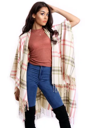 Pink & Beige Tartan Check Blanket Cape with Tassels