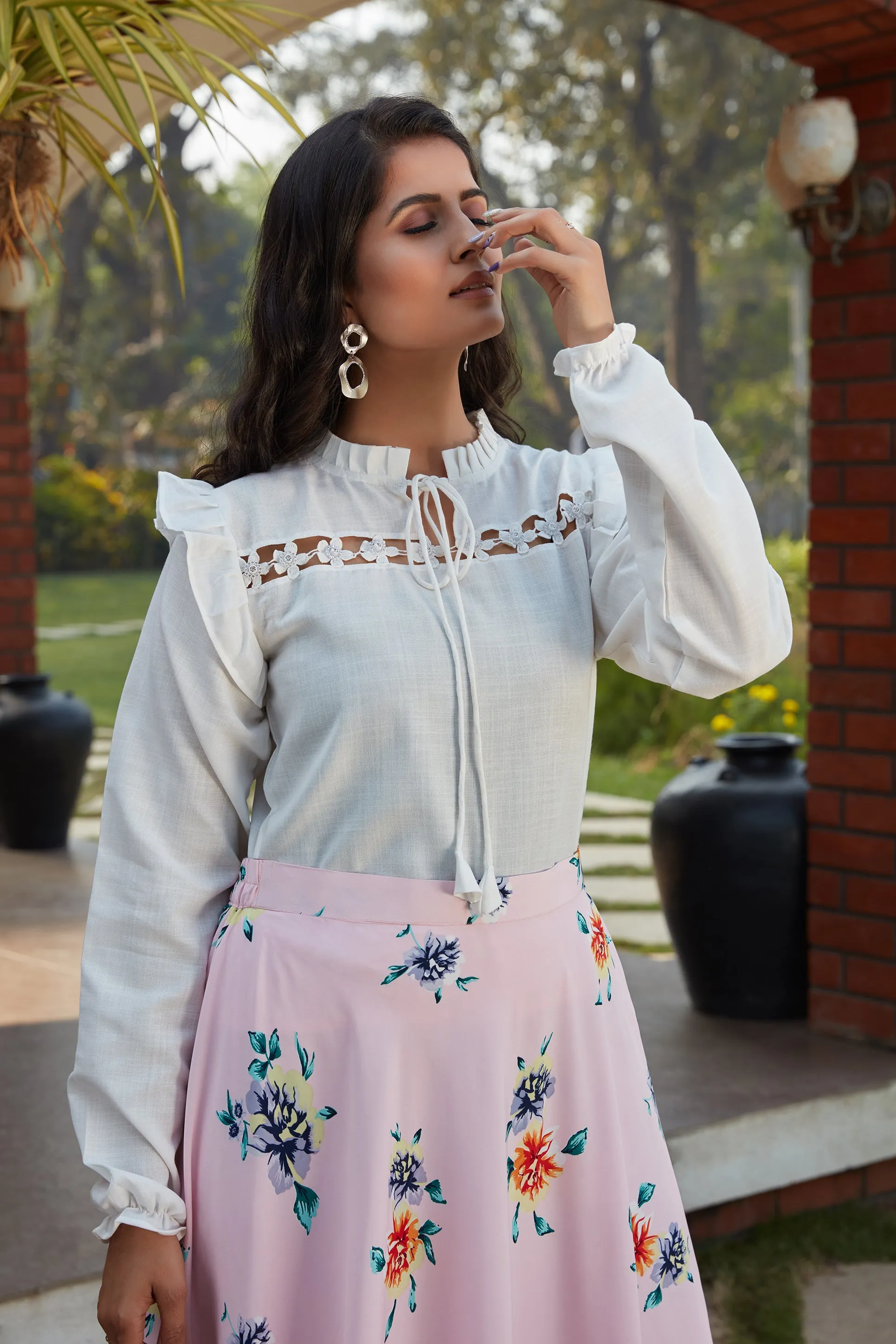 Pink Floral Crepe Indo Western Ready To Wear Skirt With Crop Top