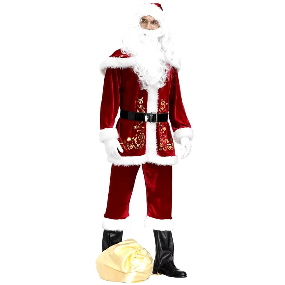 Plus Size Deluxe Velvet Adults Christmas Costume Cosplay Couple Santa Claus Clothes Fancy Dress Xmas Uniform Suit for Men Women