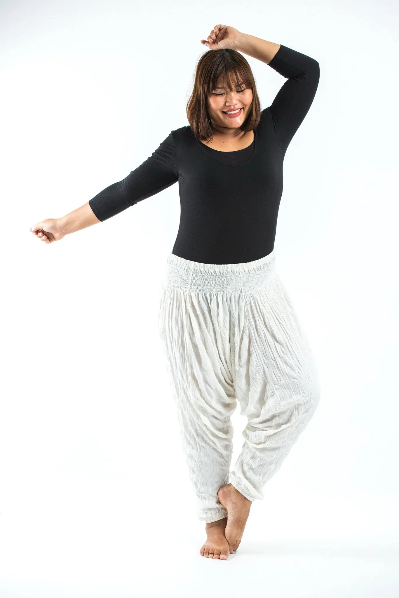 Plus Size Unisex Crinkled Cotton Harem Pants in White